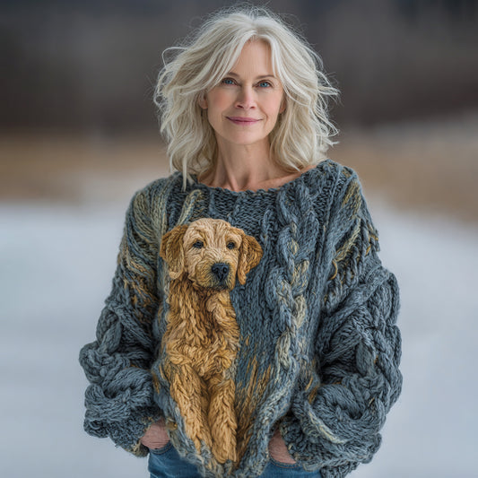 Comstylish Fluffy Golden Retriever Jacquard Chunky Knit Cozy Sweater
