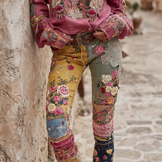 Comstylish Women's Vintage Bohemian Floral Embroidery Patchwork Art Jeans