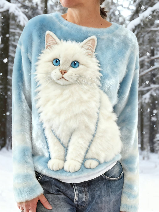Comstylish Cute Snowy Cat Embroidered Cozy Plush Sweatshirt