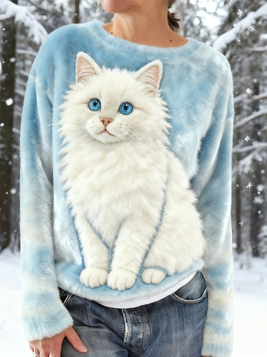 Cute Snowy Cat Embroidered Cozy Plush Sweatshirt elevenforest