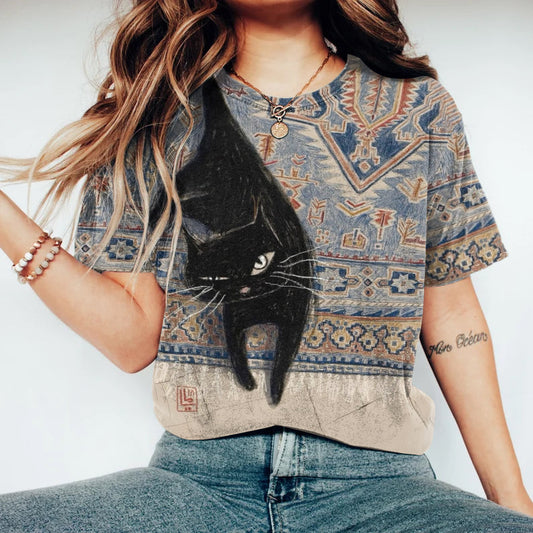 Women's Black Cat Ethnic Print Vintage Washed T-shirt elevenforest