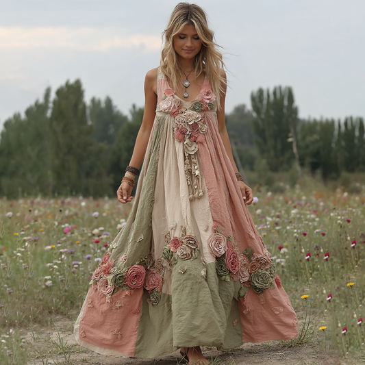Women Vintage Floral Art V Neck Linen Maxi Dress artswardrobe