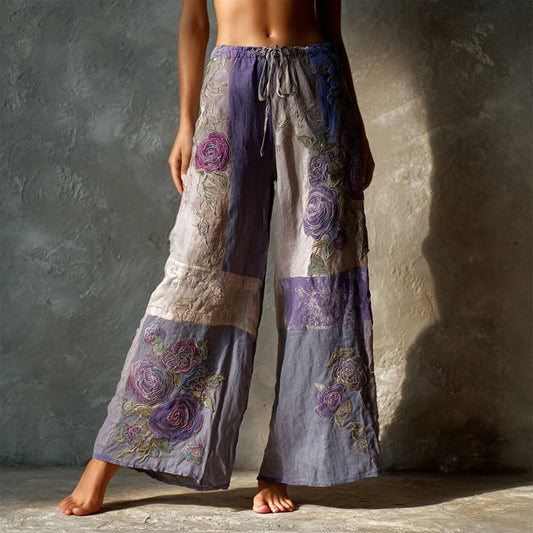 Vintage Purple Roses Embroidered Patchwork Linen Pants artswardrobe