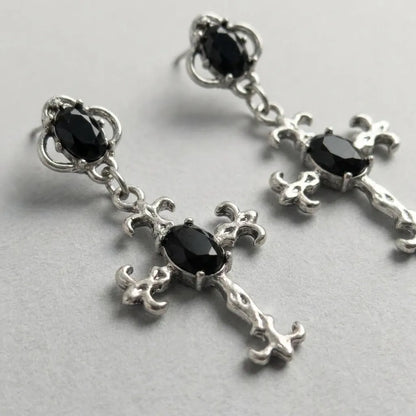 Dark Crystal Cross Dangle Earrings