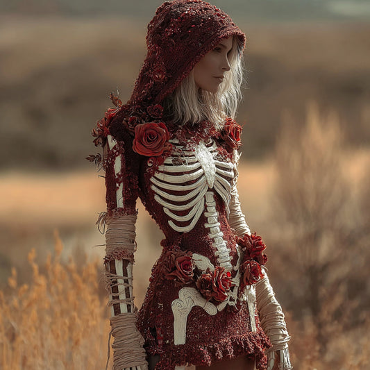 Women's Halloween Skeleton And Crimson Rose Glitter Bandage Dress artswardrobe