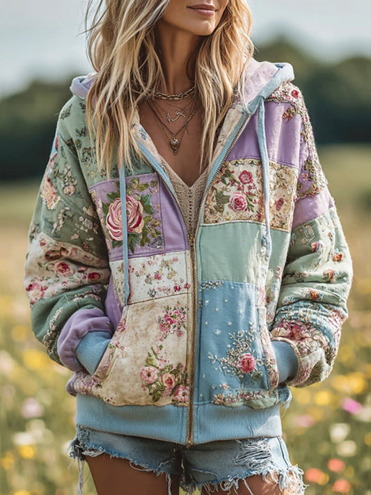 Women's Vintage Floral Patchwork Cozy Warm Zipper Hoodie artswardrobe