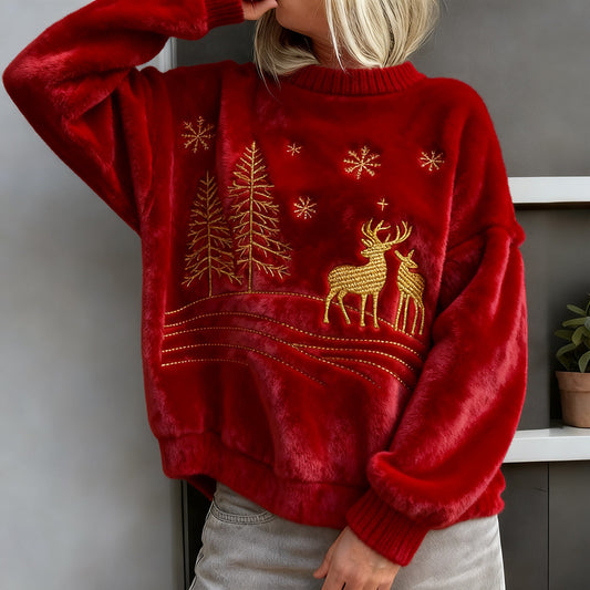 Comstylish Vintage Christmas Inspired Embroidered Cozy Plush Sweatshirt