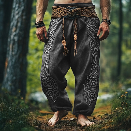 Tribal Viking Celtic Embroidery Art Linen Long Loose Wide-leg Pants artswardrobe