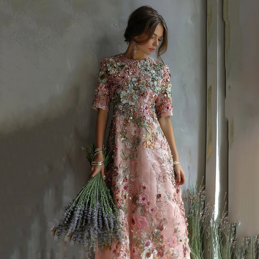 Health Conscious Art Oil Painting Floral Sequin Maxi Dress artswardrobe
