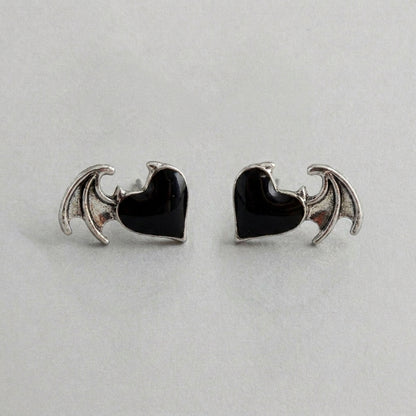 Dark Heart Takes Flight - Black Enamel Winged Heart Stud Earrings