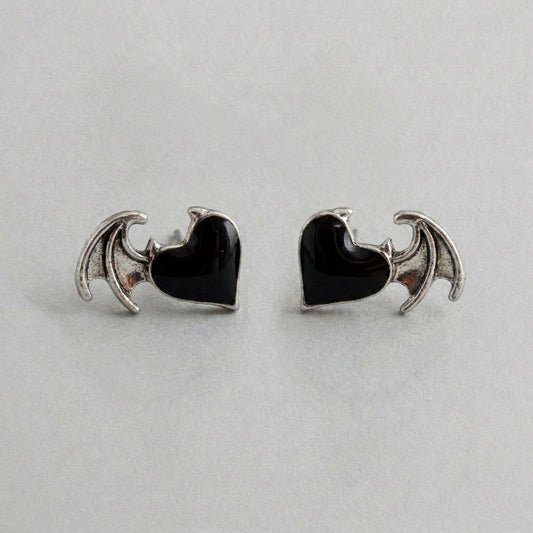 Dark Heart Takes Flight - Black Enamel Winged Heart Stud Earrings