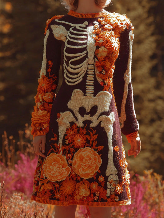 Women's Halloween Warm Tone Skull Rose Embroidered Dress artswardrobe