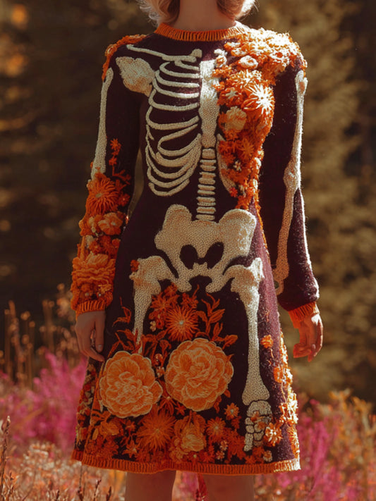 Comstylish Women's Halloween Warm Tone Skull Rose Embroidered Dress