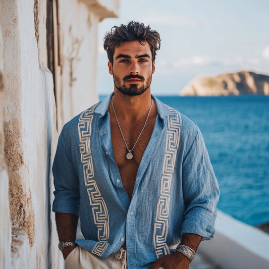 Men's Vintage Greek Key Pattern Embroidered Linen Blend Comfy Blouse artswardrobe