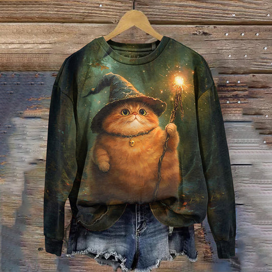 Women's Halloween Cute Cat Crew Neck Casual Sweatshirt