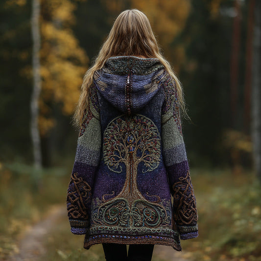 Vintage Tree Of Life Symbol Contrast Color Comfortable Chunky Hooded Cardigan Sweater elevenforest
