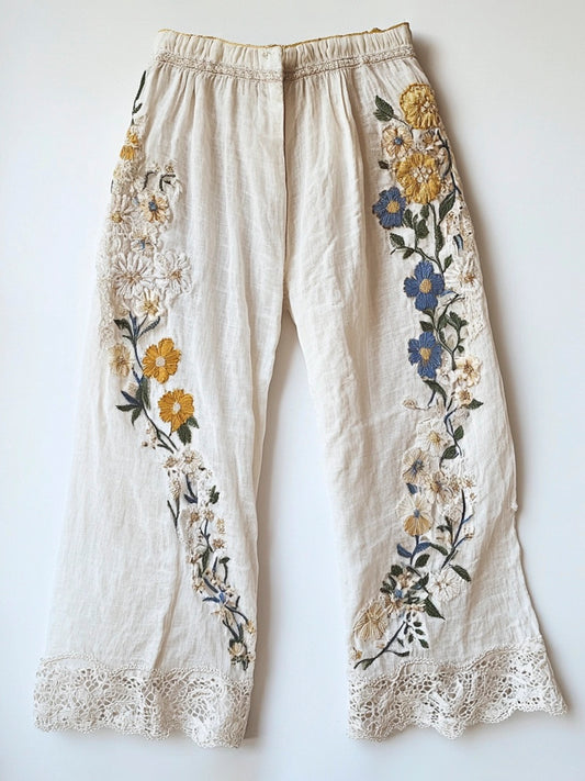 Floral Embroidery Lace Trimmed Women's Linen Pants artswardrobe