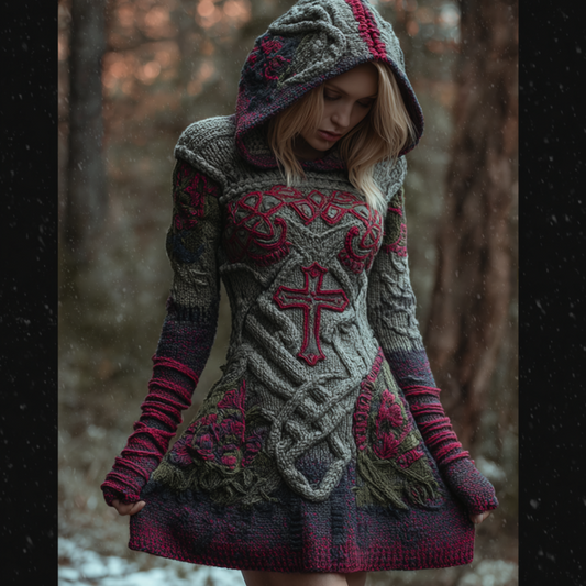 Halloween Viking Style Lady Hooded Knit Sweater Dress elevenforest