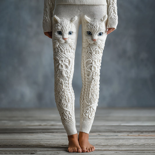 Women's Cute Cat Face Embroidered Cozy Knit Leggings