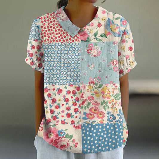 Comstylish Women's Spring and Summer Vintage Floral Linen Tops