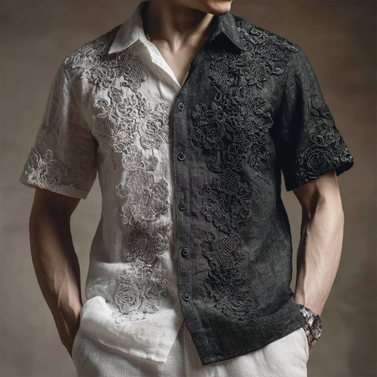 Men's Floral Lace Embroidered Contrast Color Linen Shirt artswardrobe