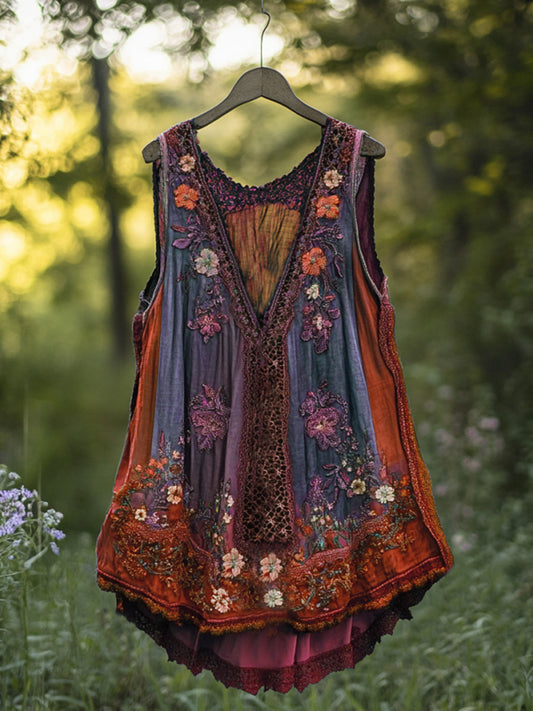 Boho Lavender Lace Art Linen Lace Patchwork Art  Sleeveless Tank Top artswardrobe
