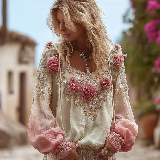 Bohemian Style Sequined Flower Loose Vintage Long-sleeved Top artswardrobe