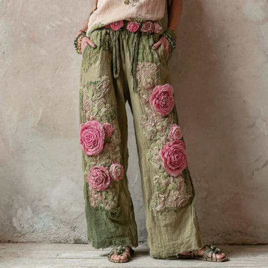 Vintage Floral Embroidered Art Print Straight Leg Linen Blend Pants artswardrobe