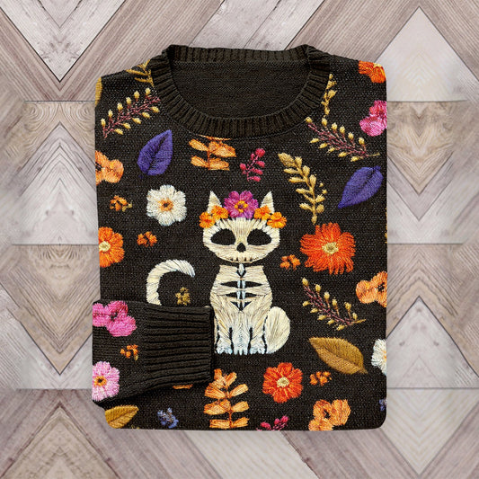 Mexican Catrina Day Of The Dead Skull Cat Embroidered Floral Art Crew Neck Sweater elevenforest