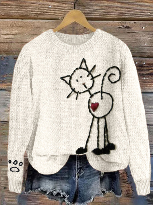 Comstylish Cute Cat Embroidery Pattern Cozy Knit Sweater
