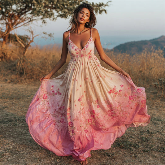 Boho Vintage Floral Embroidery Women's Spaghetti Strap Maxi Dress artswardrobe