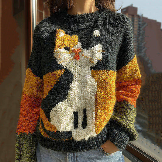 Comstylish Cute Ugly Cat Pattern Art Cozy Knit Sweater