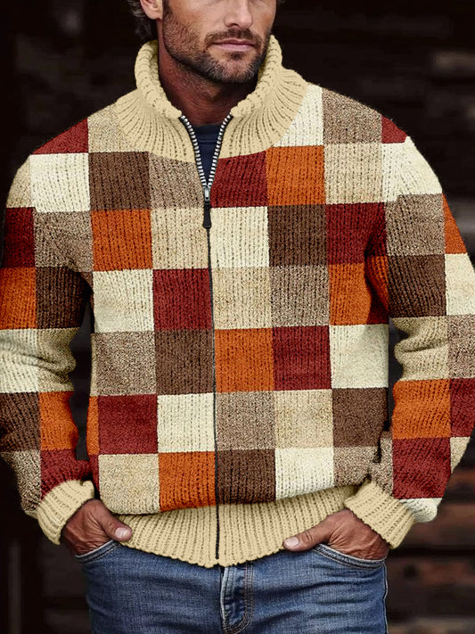 Men's Retro Colorblock Patchwork Cozy Zip Cardigan artswardrobe