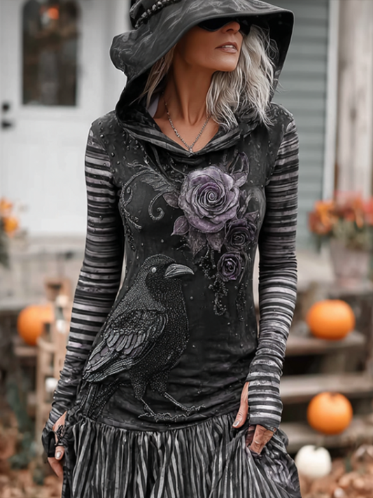 Comstylish Halloween Dark Crow Witch Design Women's Hooded Close-fitting Top