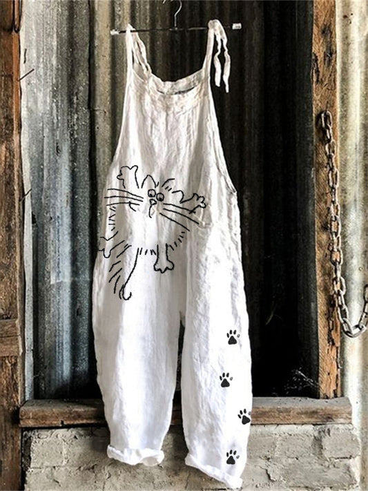 Lazy Cat & Paw Prints Embroidered Linen Blend Jumpsuit elevenforest