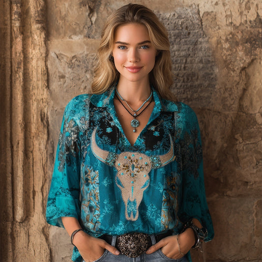 Comstylish Western Bull Skull Embroidered Floral Turquoise Linen Tunic