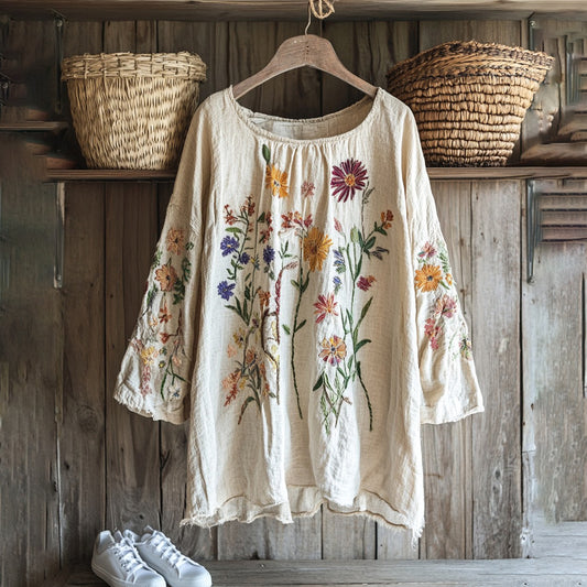 Vintage Floral Embroidery Art Graphics Linen Blend Tunic artswardrobe