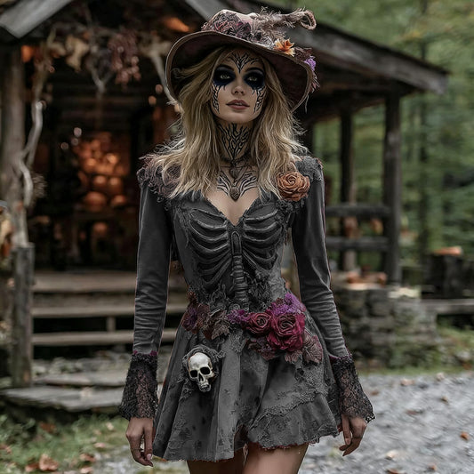 Comstylish Halloween Rose Skeleton Witch Cosplay Midi Dress