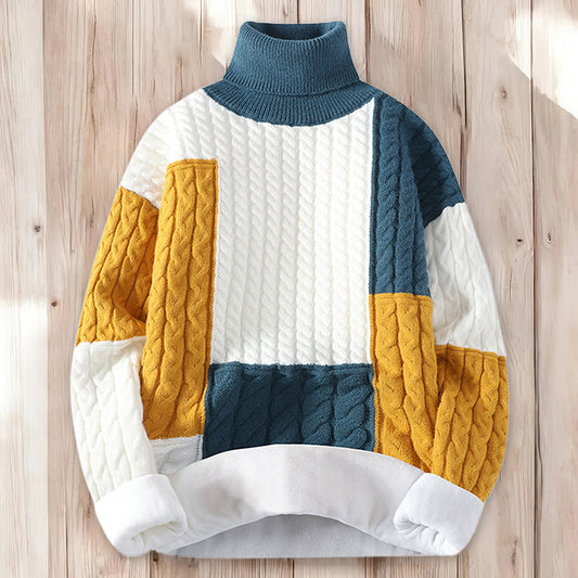 Men's Vintage Vegan Mock Minimalist Pullover Patchwork Warmth Knitted Turtleneck Sweater artswardrobe