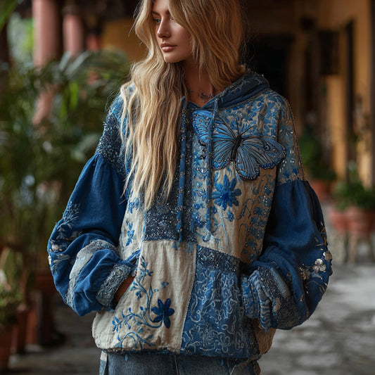 Comstylish Women's Bohemian Style Patchwork Plant-dyed Embroidery Floral Butterfly Hoodie