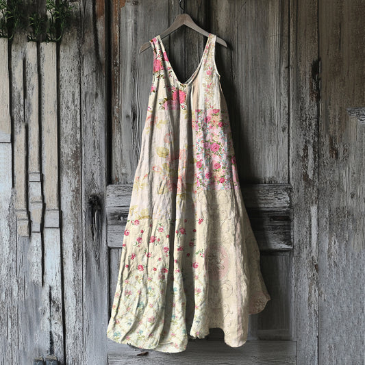 Comstylish Vintage Patchwork Floral Art Linen Tank Dress
