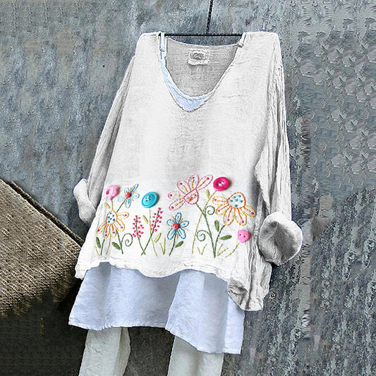 Women's Vintage Floral Embroidery Art  Loose V-neck Shirt artswardrobe