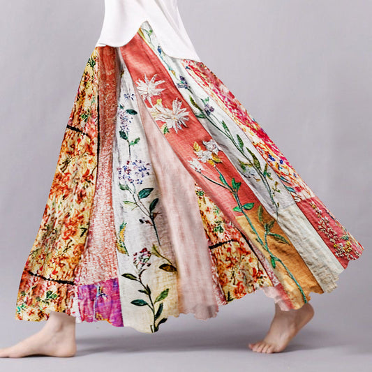 Women's Boho Flowers Art Linen Blend Comfy Skirt artswardrobe