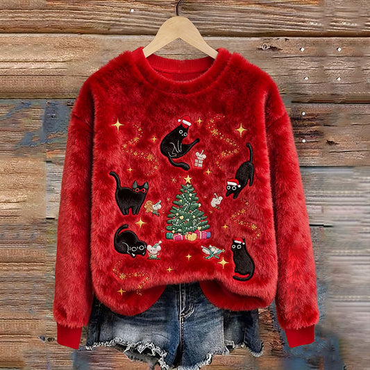 Comstylish Cute Black Cat Christmas Tree Art Women's Cozy Plush Sweater