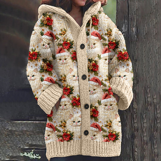 Christmas Cat Embroidery Knitted Warm Cardigan Sweater elevenforest