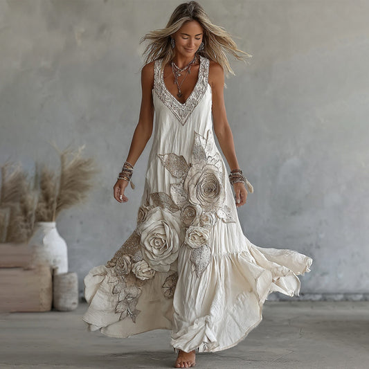 Women's Vintage White Rose Embroidered V-neck Sleeveless Maxi Dress artswardrobe