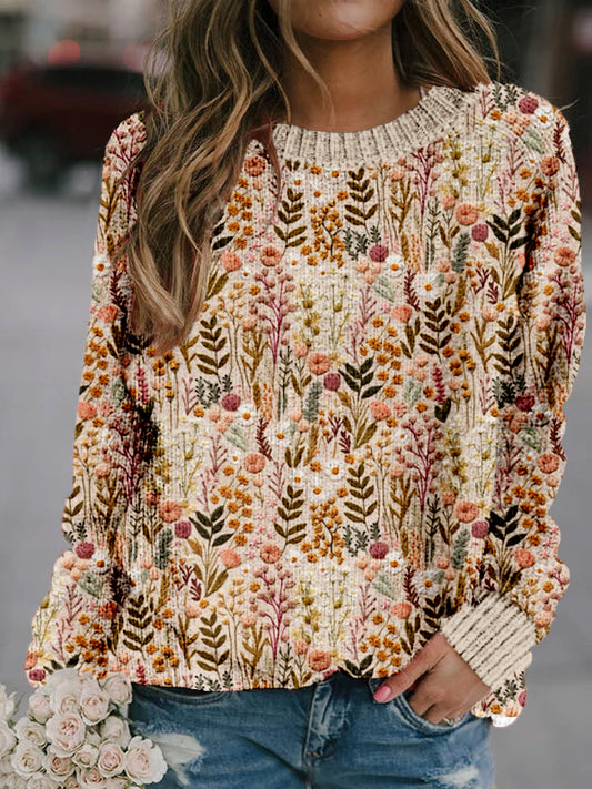 Wildflower Meadow Floral Embroidered Cozy Knit Sweater artswardrobe
