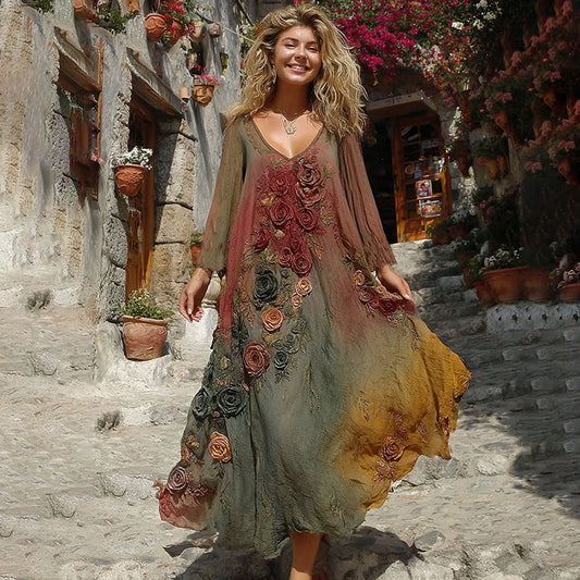 The Sunset Collection Vintage Rose And Floral Gradient Art Linen V Neck Maxi Dress artswardrobe