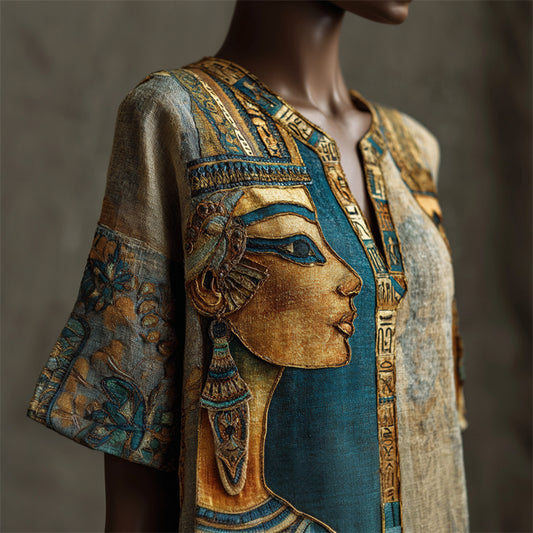 Ancient Egyptian Woman Face Floral Embroidered Contrast Linen Shirt artswardrobe