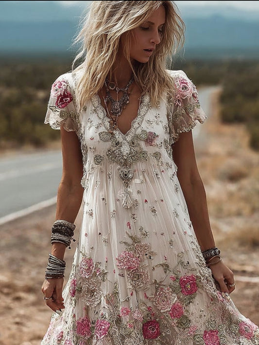 Women's Pink Rose-colored Mesh-like Vintage Short-sleeved Dress artswardrobe